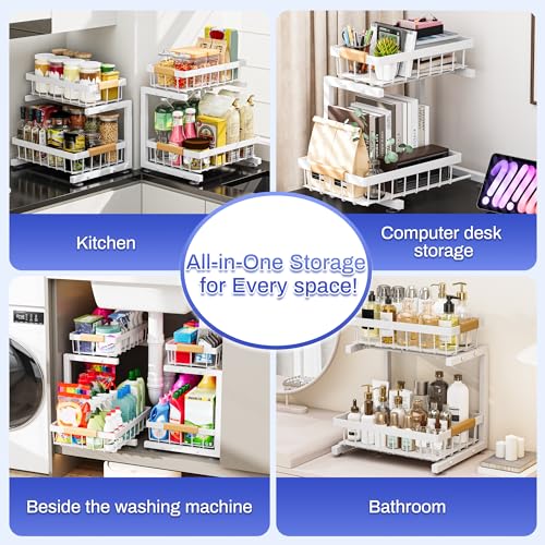 ADBIU 2 Pack Under Sink Organizers and Storage, Height Adjustable 2-Tier Pull Out Cabinet Organizer, Heavy Duty Slide Out Sink Shelf Drawer for Kitchen Bathroom Organization - color: White, size: Large Size