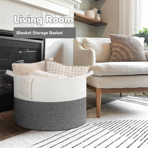 Goodpick 115L Extra Large Blanket Basket, Soft Cotton Rope Storage Basket for Organizing, Home Decor, Toys, Toy Storage Organizer for Living Room & Nursery, Grey - color: White & Grey, size: 23.5x23.5x15.8 Inch (Pack of 1)
