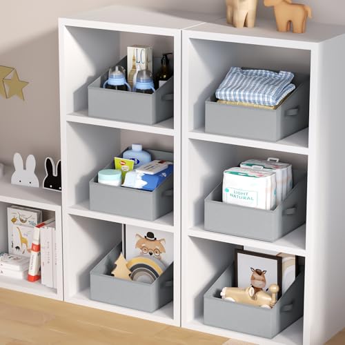 DIMJ Storage Bins for Closet, Trapezoid Storage Bins with Front Handle, Fabric Storage Baskets for Shelves, Line Closet Organizers for Toys, Boooks, Clothes, 6 Packs (Grey) - color: Gray, size: 6 Bins 11.4"x11.4"x7.8"