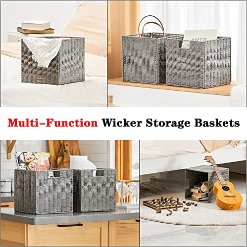 Vagusicc Wicker Basket, Set of 2 Hand-Woven Wicker Storage Basket, Foldable 11 inch Cube Storage Bins, Storage Baskets for Organizing Shelves, Closet Organizers and Storage Bins, Gray (11″×11″×11″) - color: Grey, size: 11'' x 11'' x 11''