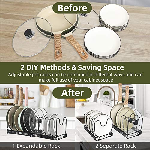 ROOHUA Pot Rack -Expandable Pan Organizer for Cabinet, Lid Holder with 10 Adjustable Compartment for Kitchen Cabinet Cookware Baking Frying Rack - color: Black