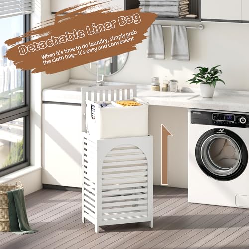 FILWH Laundry Hamper with Lid (16.9 * 13 * 26.5inches) Large Bamboo Laundry Bin Basket 85L Clothes Hamper with 1 Removable Bag Storage baskets for Bathroom (White) - color: White