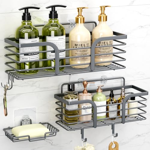 Yougai Shower Caddy, Shower Organizer with Soap Holder and Hooks, Rustproof Shower Shelves, No Drilling Bathroom Organizers and Storage, Wall-Mounted Kitchen & Home Decor (Dark Gray) - color: Dark Gray
