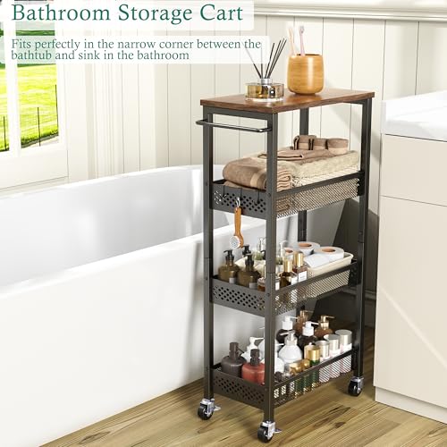 XYZLVSI Slim Storage Cart 4 Tier Fruit and Vegetable Baskets for Kitchen Small Space, Narrow Laundry Cart on Wheels with Wooden Top and Metal Handle for Pantry, Bathroom, Laundry Room - size: 16.7"Dx9.1"Wx34"H