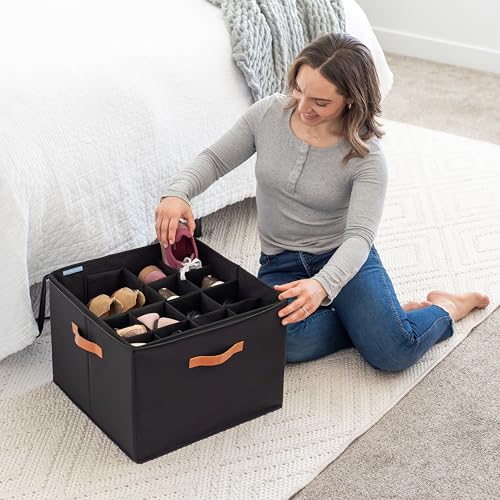 OrganiHaus Large Shoe Storage Bin for Closet, Shoe Organizer Box Fits up to 16 Pairs, Collapsible Fabric Shoe Basket w/Clear Cover, Adjustable Dividers & Reinforced Handles, Black - color: Black