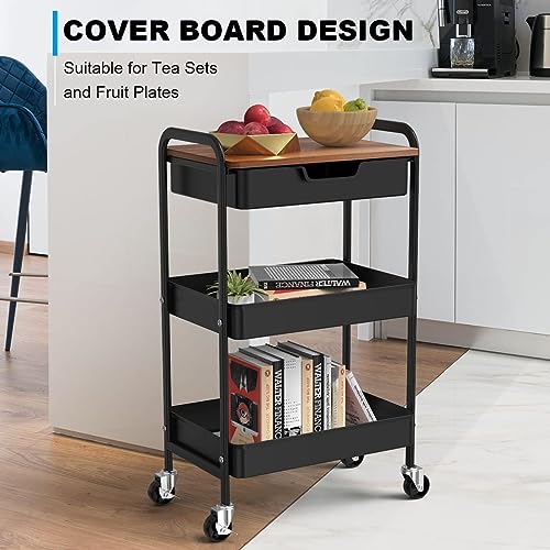 3 Tier Rolling Cart with Drawer, Metal Utility Cart on Wheels Storage Cart with Wood Top, Kitchen Cart Art Cart Organizer for Bathroom Office Balcony Living Room - color: Black