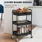 3 Tier Rolling Cart with Drawer, Metal Utility Cart on Wheels Storage Cart with Wood Top, Kitchen Cart Art Cart Organizer for Bathroom Office Balcony Living Room - color: Black