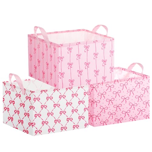 Geelin 3 Pcs Pink Bow Storage Baskets, Foldable Cute Pink Storage Bins with Handles, Coquette Preppy Girly Organizer Boxes for Closet Shelf Nursery Bedroom Decorative Room Decor - style: Pink Bow