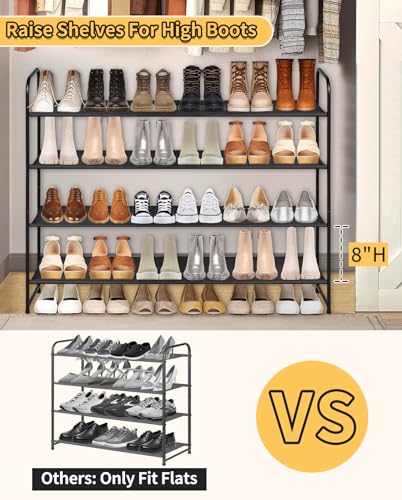 SLEEPING LAMB Long 4-Tier Shoe Organizer for Closet, Stackable Wide Shoe Rack Holds 30-Pairs Low Shoe Shelf Storage for Bedroom, Floor, Entryway(Black) - color: Black, size: 11.4 x 42.5 x 32.4