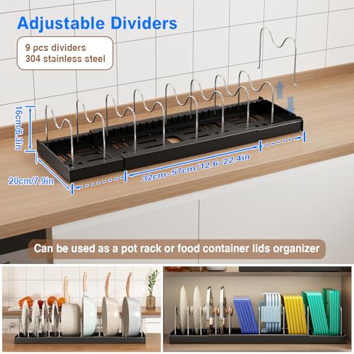 Mustorn Pots and Pans Organizer Under Cabinet, 22" Expandable Food Storage Container Lid Organizers with 9 Adjustable Dividers Pot and Pan Lid Holders Rack Inside Cabinet/Countertop(1 Pack, Black) - color: Black(Expandable), size: 1 Pack
