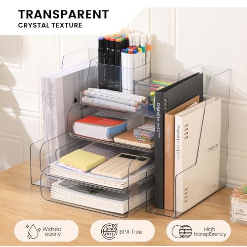 CiWiVOKi Desk Organizer with 2 Vertical File Holder, 4 Tier Stackable Paper Letter Tray File Organizer with 5-Compartments Pen Holder, Clear Desktop Organizer Office Organization and Storage - color: Clear, size: 6 pc