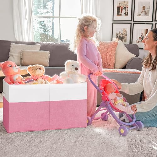 INDRESSME 25"x13"x16" Large Toy Storage Box with Lid, Collapsible Storage Organizer Baby Toy Storage for Kids Boys Girls, Toy Bin Organizer for Nursery, Bedroom, Living Room (Pink & White) - color: Pink & White, size: 25"x13"x16"