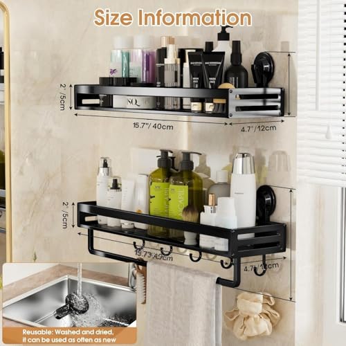 Shower Caddy Suction Cup, 15.7 inch 2 Pack Suction Shower Shelf with Hooks NO-Drilling Bathroom Holder, Rustproof Bathroom Organizer, Black,Includes 2 Extra Suction Cups for Replacement Use - size: 15.7 inches(2-Pack US)