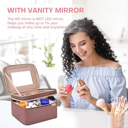 HXLGMD Large Makeup Bag with Mirror Double Layer Travel Make Up Organizer Case, Large Capacity Coemetic Bag with Brush Slot Divider - color: Rosewood