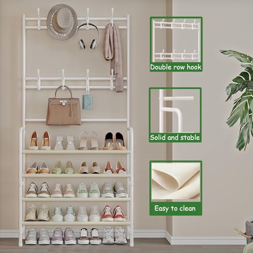 Coat Rack Shoe Rack With Storage Shelf Freestanding with 8 Hooks for Entryway Bedroom Closet (White, 4Tiers) - color: White
