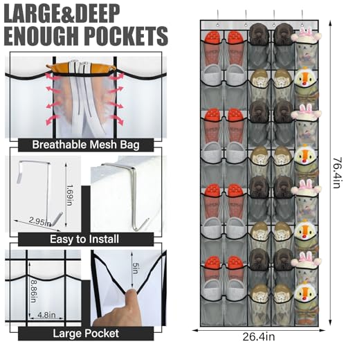 Windyun 2 Pack 40 Over the Door Shoe Organizers Large Mesh Pocket Hanging Shoe Rack for Closet Nonslip Behind Dorm Door Storage Holder Dorm Essentials Back to School Organizer for College(Gray) - color: gray