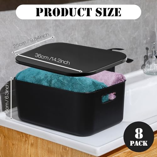 Hoolerry 8 Pieces Colorful Storage Bins with Lid, Plastic Storage Basket Organizing Container Stackable Box with Handle for Shelves Desktop Playroom Office(13.8 x 9.8 x 5.9 Inch,Black) - color: Black, size: 13.8 x 9.8 x 5.9 Inch