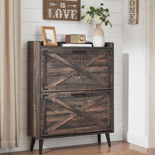 Barnyatoh Shoe Storage Cabinet,Farmhouse Shoe Organizer with 2 Flip Drawers & Barn Door Design,Freestanding Hidden Slim Narrow Shoe Rack Cabinet for Entryway,Foyer,Hallway,Dark Oak - color: Dark Oak, size: 2-Drawers