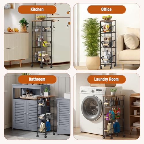 4-Tier Slim Rolling Cart with Pull-Out Baskets & Wooden Top Narrow Mobile Storage Organizer, Multipurpose Utility Cart with Handle for Small Spaces, Kitchen, Bathroom, Laundry Room, Office, Brown