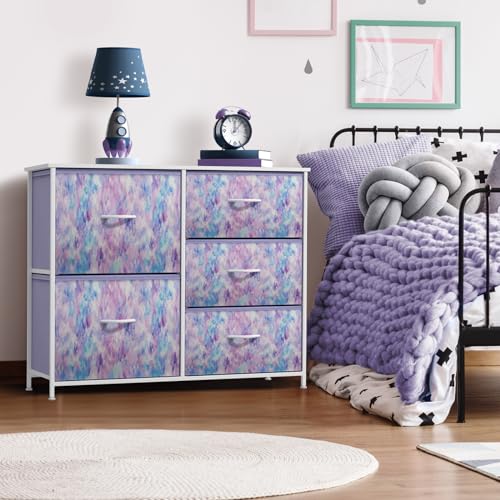 Sorbus Kids Dresser with 5 Drawers - Storage Chest Organizer Unit with Steel Frame, Wood Top & Handles, Tie-dye Fabric Bins for Clothes - Wide Furniture for Bedroom Hallway Kids Room Nursery & Closet - color: Purple Tie Dye, style: 5-Drawer