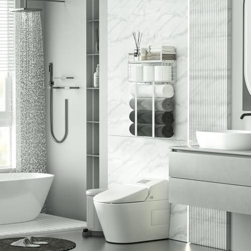 Towel Racks for Bathroom, Bathroom Shelf Over Toilet,Floating Shelves with Towel Rack Paper Holder Storage Basket,Floating Shelves for Wall Decor,White - color: White, size: Large