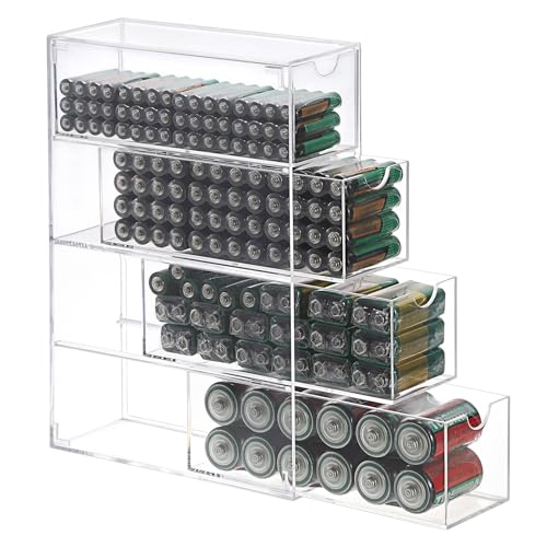BTSKY 1 Pack Clear Acrylic Battery Storage Organizer for AA, AAA, 9V, C Batteries, 4-Drawer Storage Box Battery Holder Organizer for Common Types Batteries, Household Container(Batteries Not Included) - size: 1 Pack
