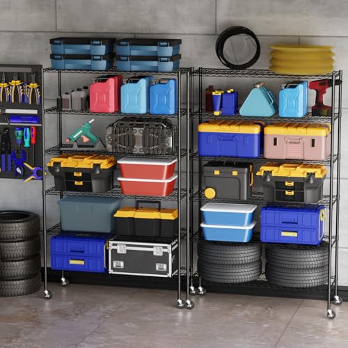 BestOffice Storage Shelves 6 Tier Metal Shelves Adjustable Heavy Duty Garage Shelving Wire Shelving Unit Capacity 6000LBS with Wheels for Kitchen, Garage Pantry Closet Commercial,Black - color: Black, size: 18"D x 45"W x 77"H
