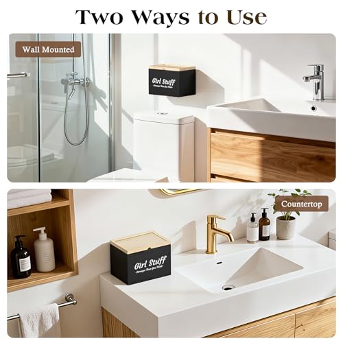 Luxspire Tampon Holder for Bathroom - Discreet Feminine Product Organizer with Lid & Wood Pad, Shark Week Tampon Storage Box, Stylish Girl Stuff Organizer for Bathroom, Black - color: Black