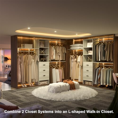 Armocity 96 Inches Closet System, 8FT Walk In Closet Organizer with 3 Shelving Towers, Heavy Duty Clothes Rack with 3 Drawers, Built-In Garment Rack, 96"L x 16"W x 75"H, Load 1000 LBS, White Oak - color: White Oak