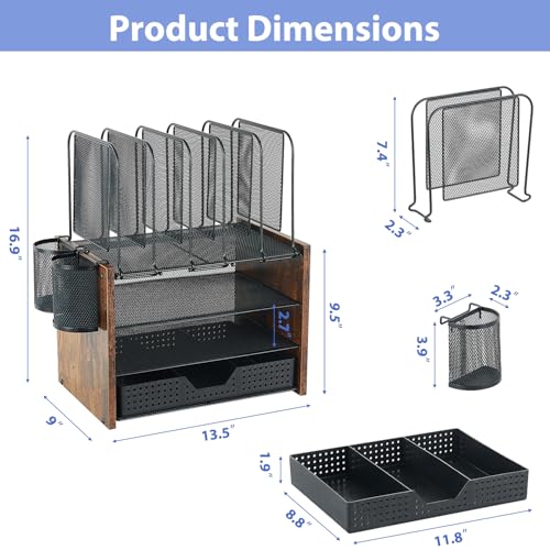 AUPSEN Desk Organizer with 5 Vertical File Holders, Storage Drawer & 2 Pen Holders, 5 Trays Paper Letter Tray Organizer, Mesh Desk Organizers and Accessories for Home Office (Vintage wood) - color: Vintage wood
