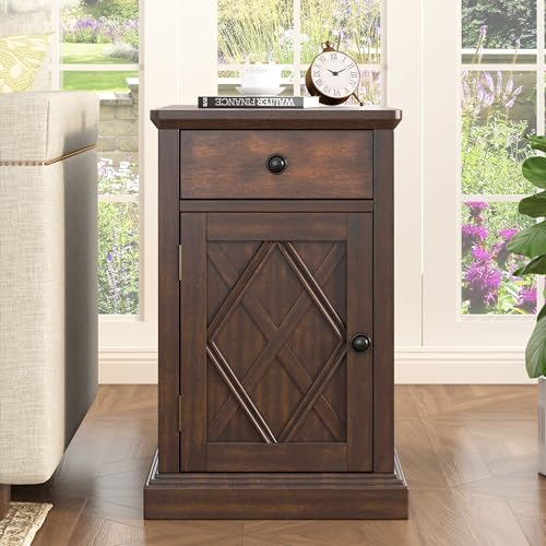 Multifunctional Classic Vintage End Table with USB Ports and 1 Drawer with Cup Holders, Sofa Side Narrow Table with Storage, Bedside Nightstand for Living Room Bedroom (Antique Espresso-4.3) - color: Antique Espresso-4.3