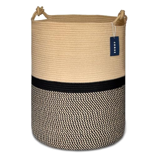 COMSE Extra Large Blanket Basket, Tall Woven Storage Basket, Nursery Hamper, 15.7”x 21.7”, Cotton Rope Laundry Hamper for Toys Clothes Towels, Blend Brown/Black - color: Blend Brown & Black