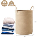 80L Extra Large Jute Laundry Hamper Tall Woven Laudnry Basket Wicker Rope Clothes Hamper Boho Blanket Basket in Living Room Bedroom 16"D x 22"H - color: Jute, size: Extra Large (80L)