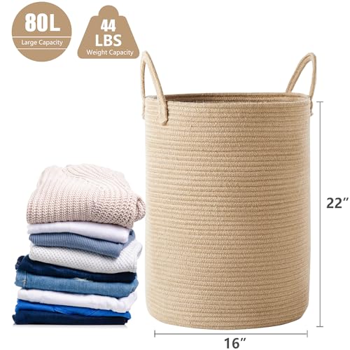 80L Extra Large Jute Laundry Hamper Tall Woven Laudnry Basket Wicker Rope Clothes Hamper Boho Blanket Basket in Living Room Bedroom 16"D x 22"H - color: Jute, size: Extra Large (80L)