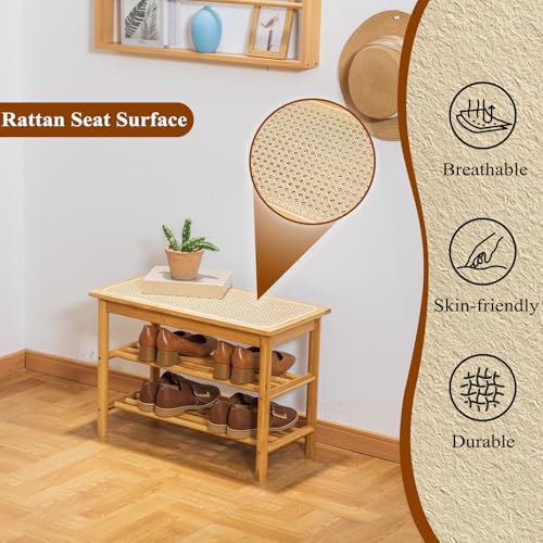 Bamboo Entryway Bench with Woven Rattan Seat, 2-Tier Shoe Storage Bench for Hallway & Entryway 23.62 inches Nature - color: Nature, size: 23.6 inch