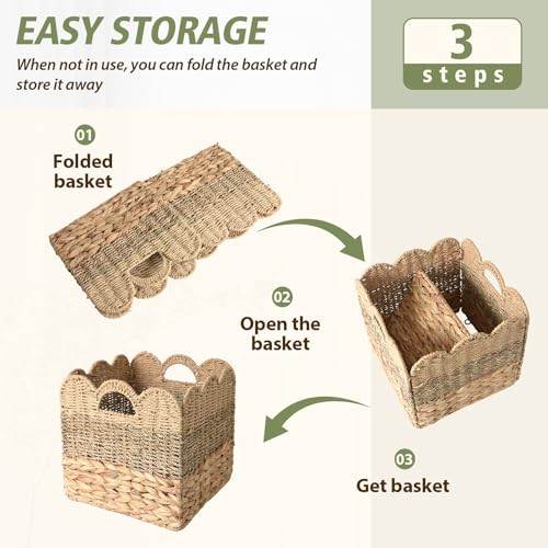 12x12 Storage Cube Bins Wicker Storage Basket for Cube Shelf, Set of 4 Collapsible Scalloped Storage Bins with Handle, Square Woven Baskets for Organizing Shelves Bedroom Pantry - color: Natural