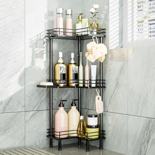 Consumest Corner Shower Caddy Standing - 3-Tier Stainless Steel Shower Organizer with Soap Holder and 4 Hooks, Large Capacity Corner Shelf Stand for Bathroom, Rest Room, Black - color: Black, size: 3 Tier