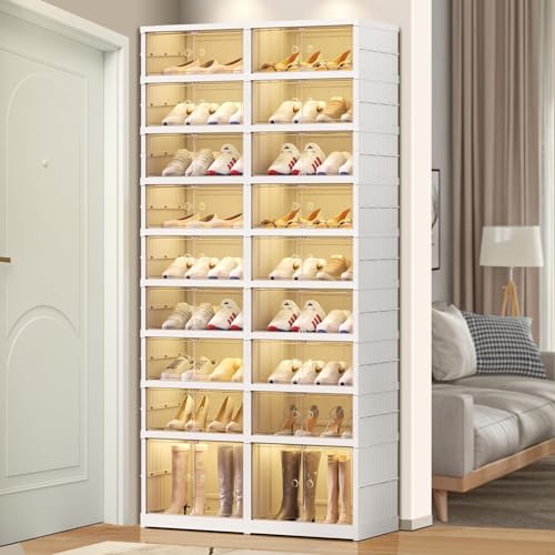 EHAMILY Foldable 9-Tier Shoe Rack Organizer for 18-36 Pairs - Collapsible Clear Plastic Shelf for Closet, Entrance or Front Door - Tall Stackable Folding Shoes Storage Boxes cabinet - size: 9 Tiers 36 Pairs