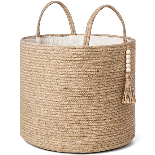 Mkono Woven Storage Basket Decorative Natural Rope Basket Wooden Bead Decoration for Blankets,Toys,Clothes,Shoes,Plant Organizer Bin with Handles Living Room Home Decor, Jute, 16" W × 13.8"L - color: Brown, size: 16" W × 13.8"L