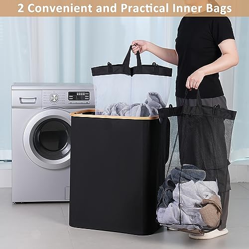 iEGrow 150L Laundry Basket with Lid,Large Laundry Hamper with Bamboo Handles, Hampers for Laundry, Dirty Clothes Hamper with 2 Removable Inner Bags for Clothes Toys Towels,Black - color: Black, size: 150L