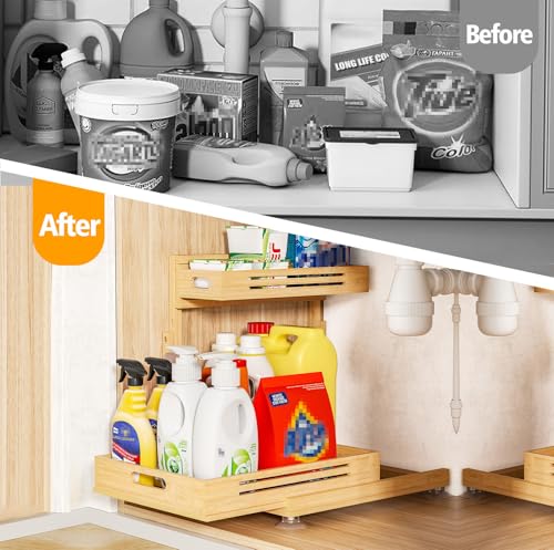 Banlilu Under Sink Organizer, Pull Out Cabinet Organizer, 2 Tier Slide Out Sink Shelf Cabinet Storage Shelves, Storage for Kitchen Bathroom, Natural Premium Bamboo Wood - color: Natural