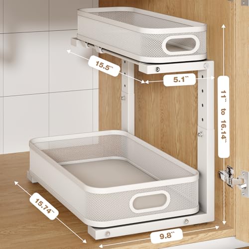 2 Pack Under Sink Organizer With Smooth Cylindrical Rail,2-Tier Pull Out Multi-Purpose Cabinet Storage for Bathroom&Kitchen,Height Adjustable,Rust-resistant Coating-White - color: White, size: 2 Pack-15.7"Dx11"-16.14"H