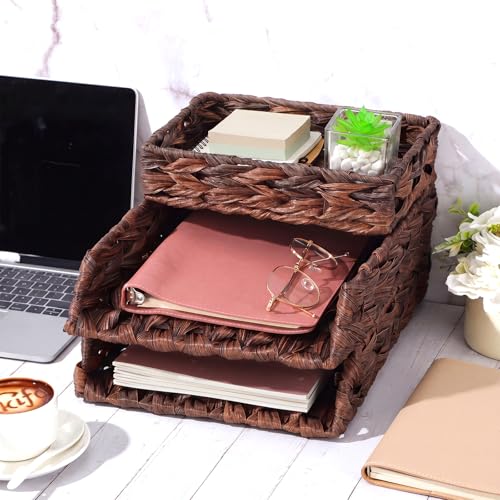 Geelin 3 Pack Water Hyacinth Woven Stackable Desk Organizer Letter Tray, Brown Tabletop Desk Basket for Storage Paper Letter Folders Notebooks Copy Print, Workspace Holder - color: Brown