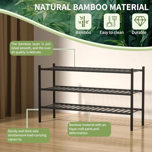ROMGUAR CRAFT 3-Tier Bamboo Long Shoe Rack, Free Standing Wood Shoe Shelf Storage Organizer for Closet Entryway Stackable 35"x11"x20" (Black) - color: Black, size: 3-Tier(Long)
