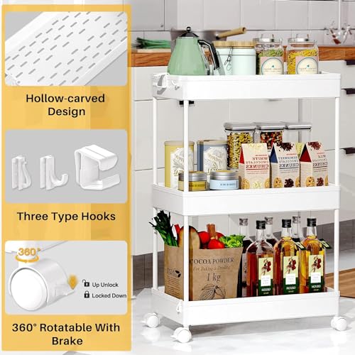 SPACEKEEPER Storage Rolling Cart, 3 Tier Laundry Room Organization Utility Cart Bathroom Organizer Mobile Shelving Unit Shelves Multi-Functional Trolley, White - color: White, size: 3 Tier