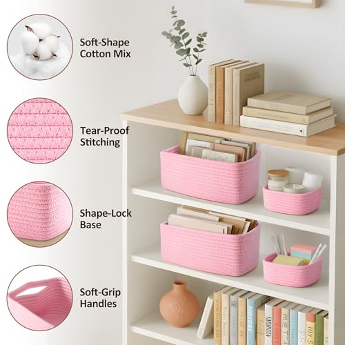 5-Pack Small Woven Rope Storage Baskets – 2 Sizes Organizer Bins for Closet, Shelf, Bookshelf, Nursery, Changing Table, Fabric Cube Boxes, Rectangular Shallow Bins for Bathroom, Toy & Home - color: Pink