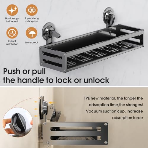 Suction Cup Shower Caddy, 15.7inch Extended Version, with 5 Hooks & Towel Rrack, No Drilling Required, Rust-Resistant Bathroom Shower Organizer (Dark Gray, 2-Pack) - size: 15.7 inches(2-pack US)