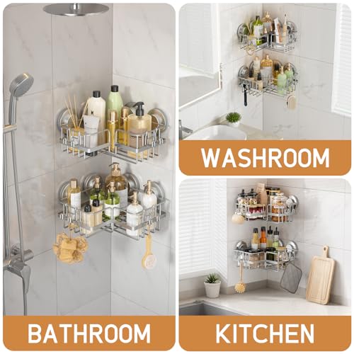 LEVERLOC Corner-adaptive Suction Cup Shower Caddies 2 Pack, Stainless Steel Rustproof Corner Shower Shelf, Large Capacity Removable Suction Cup Bathroom Organizer, Drill-Free Wall Mounted Basket, Gray - style: Corner Caddy, Grey
