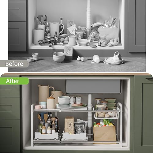 NETEL Under Sink Organizers and Storage,Kitchen Cabinet Organizer,2 Tier Under Sink Expandable Shelves，Bathroom Cabinet Organizer with Pull Out Drawers,(30.9-31.64)" W x 14.69" D x 15.83" H,White - size: Multi-functional with 2 pull out baskets(White)