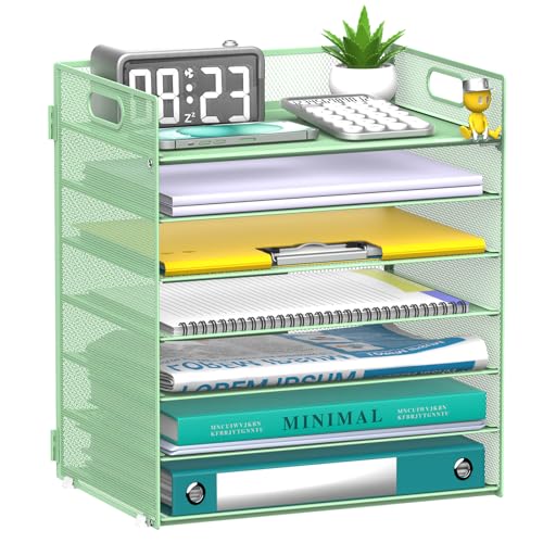 7 Tier Paper Organizer - Mesh Desktop File Holder with Handles for Office School Desk, Black (Mint green) - color: Mint green